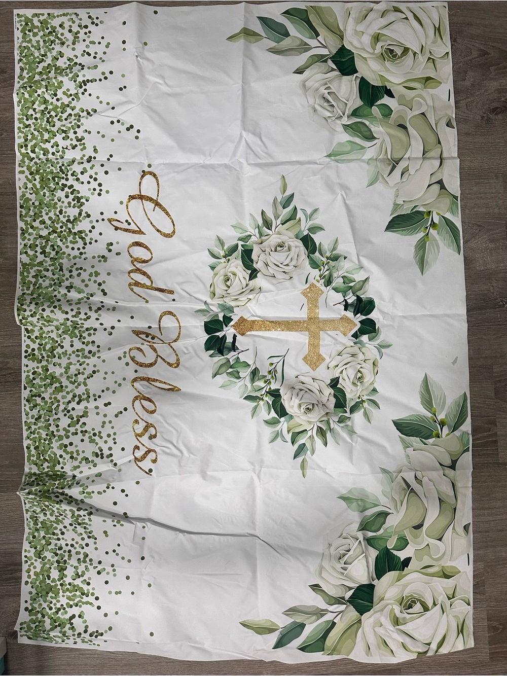 God Bless Floral Cross Backdrop - White & Green with Gold Accents